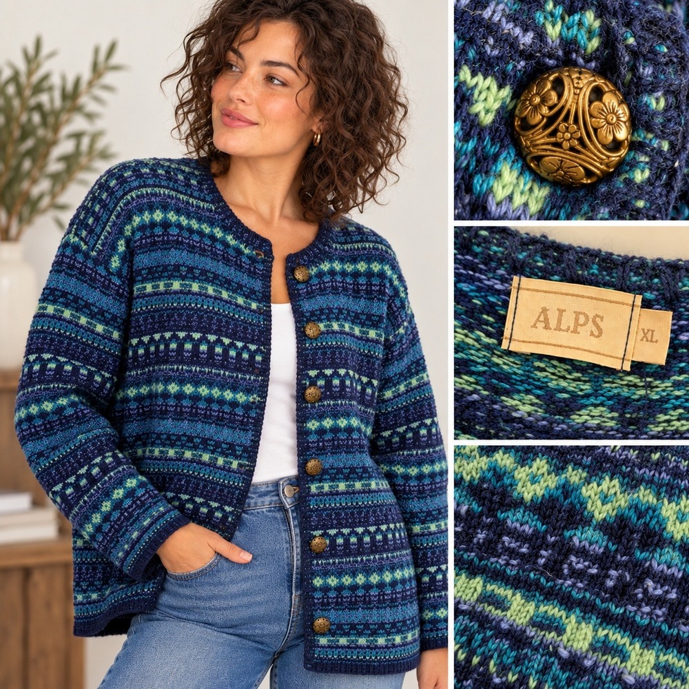 Vintage 90s Fair Isle Cardigan XL Cotton Blend Ornate Button Sweater USA ALPS